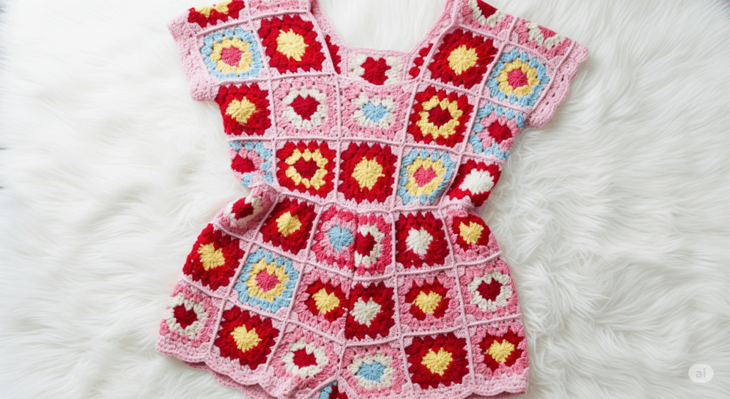 Jardineira com Granny Squares de coração, traga conforto e amor no seu guarda-roupa