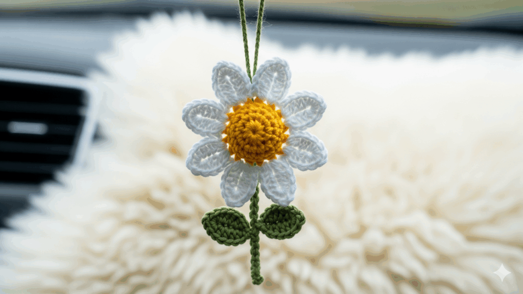Penduricalho de margaridas em crochê é a decoração mais fofa para seu carro