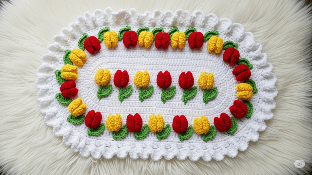 Passo a passo para criar um jogo de cozinha oval de tulipas em crochê