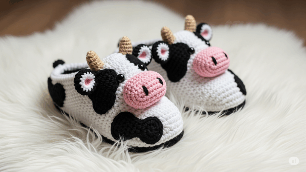 Aprenda a fazer pantufa de vaquinha em crochê, um passo a passo para um visual divertido e aconchegante
