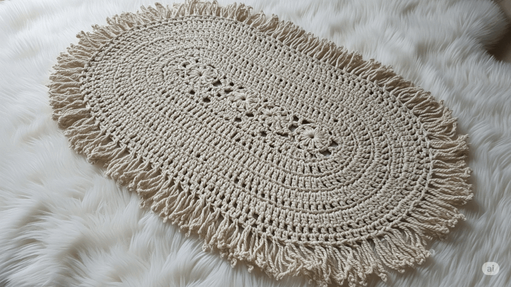 Impressione a todos com este elegante tapete oval com franjinhas em crochê