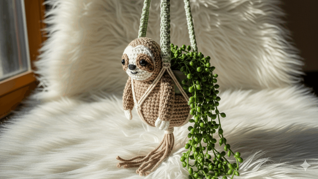 O porta plantas de bicho-preguiça em crochê o mais fofo da decoração