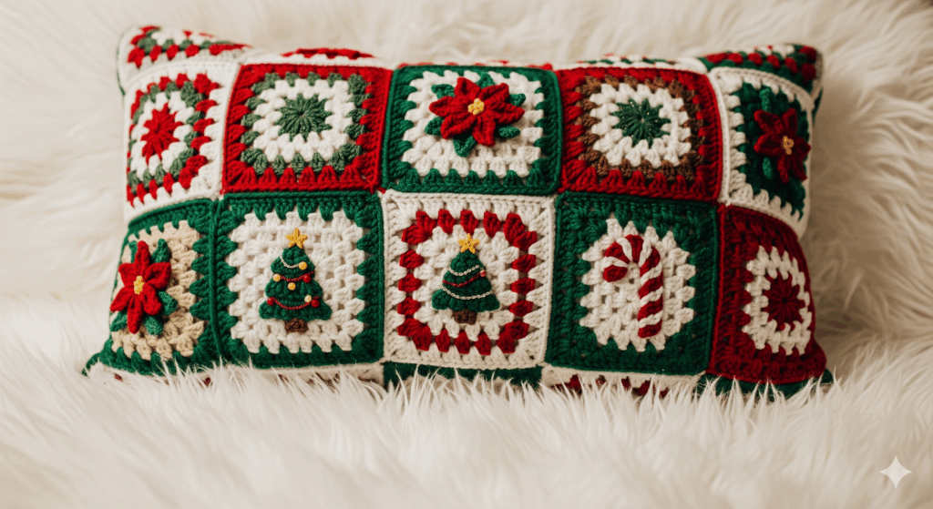 Almofada de granny square natalino em crochê, um passo a passo fácil e sem segredos