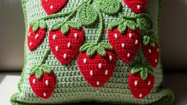 Capa de almofada com morangos em crochê para decorar com alegria