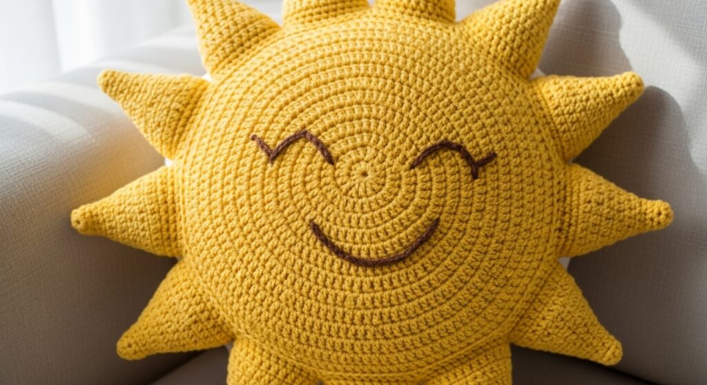 Almofada em formato de sol em crochê que ilumina sua sala