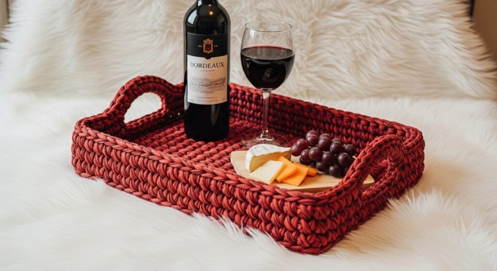 Essa bandeja de vinho em crochê deixou a mesa ainda mais charmosa