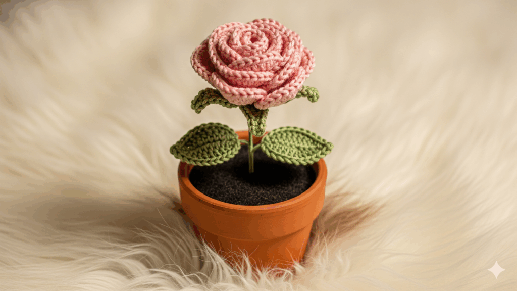 Este vaso de rosa em crochê vai encantar qualquer cantinho