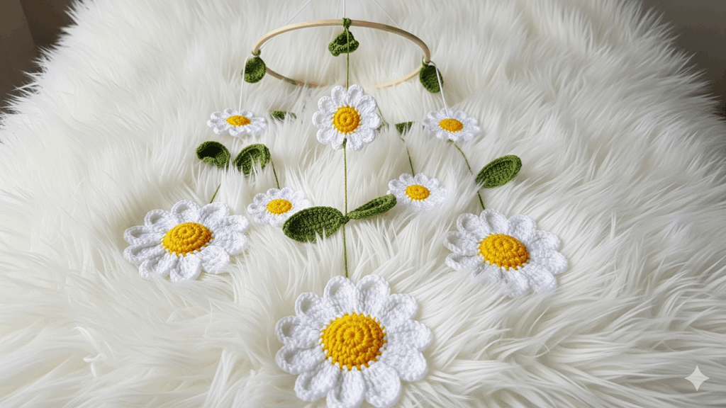 Móbile de margaridas em crochê decora com leveza e estilo artesanal