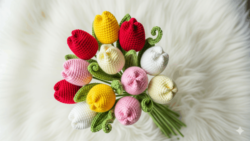 Como fazer buquê de tulipas em crochê com flores firmes e acabamento profissional