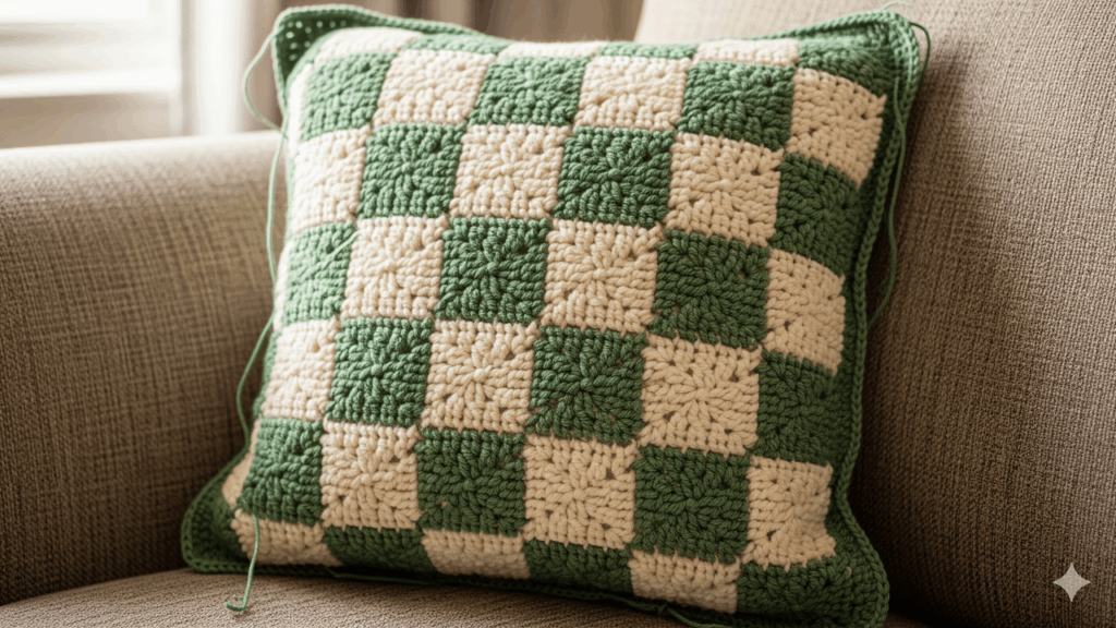O detalhe que deixa a almofada quadriculada em crochê irresistível