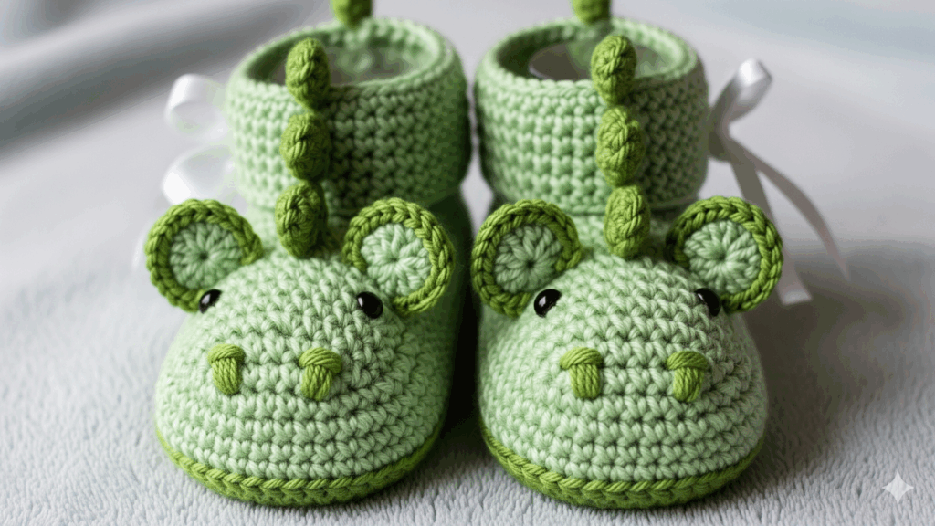 Botinha infantil em crochê que parece saída do mundo dos dinossauros