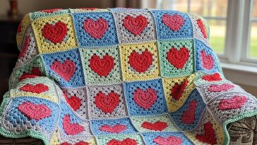 Manta em granny square de coração em crochê para aquecer com carinho