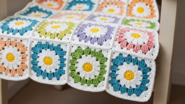 Manta de granny square de margarida em crochê para decorar com delicadeza