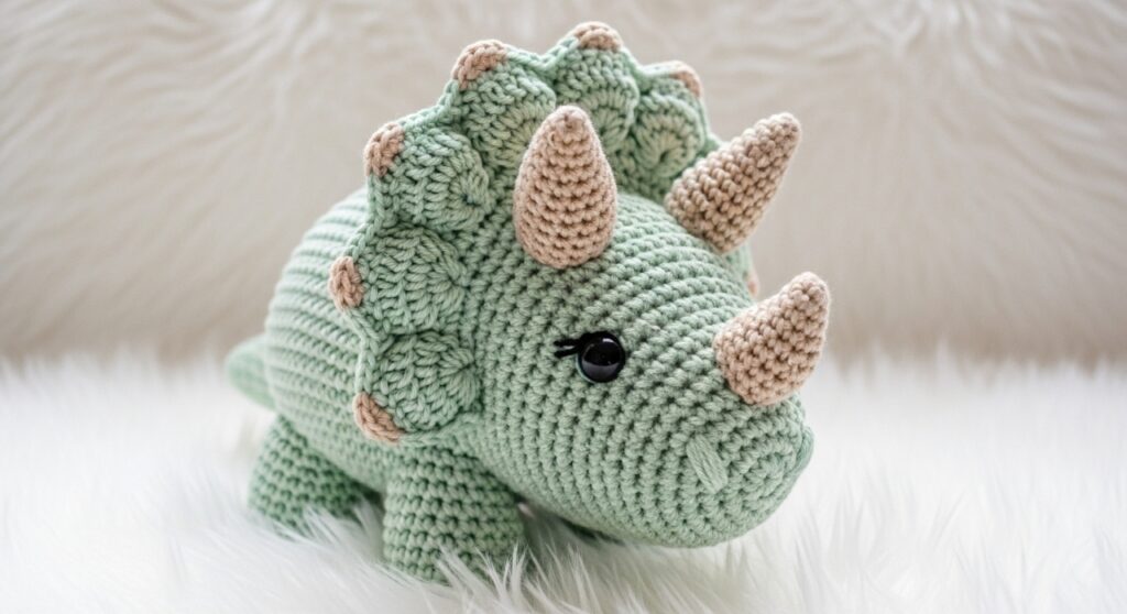 Triceratops em crochê, divertido, educativo e cheio de personalidade