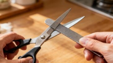 O atrito causado pela lixa remove minúsculas imperfeições e rebarbas da borda das lâminas, restaurando seu fio e garantindo um corte mais preciso.