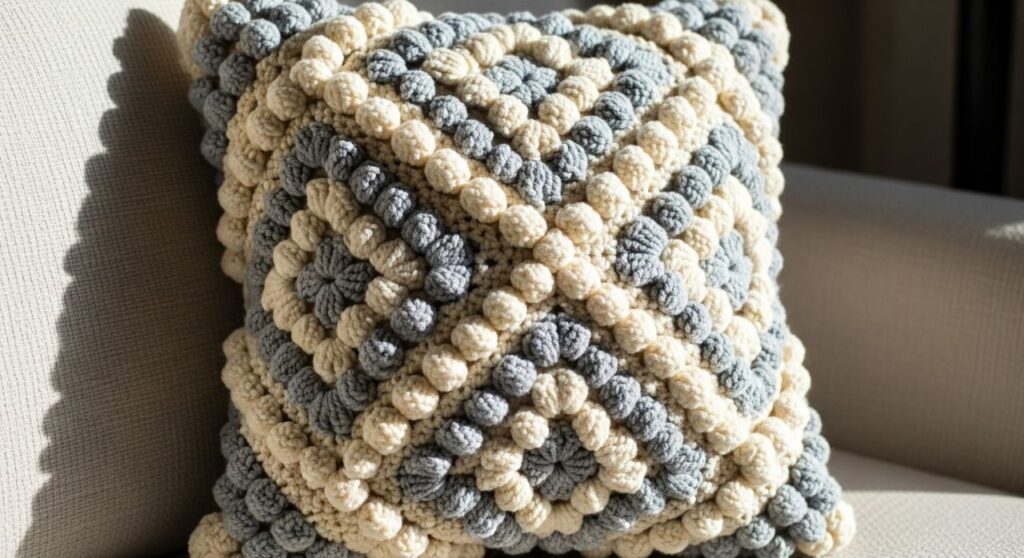 Almofada de crochê com ponto puff, macia e chique para quarto