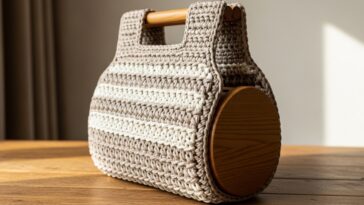 Bolsa de crochê estruturada com fundo em madeira para estilo e durabilidade
