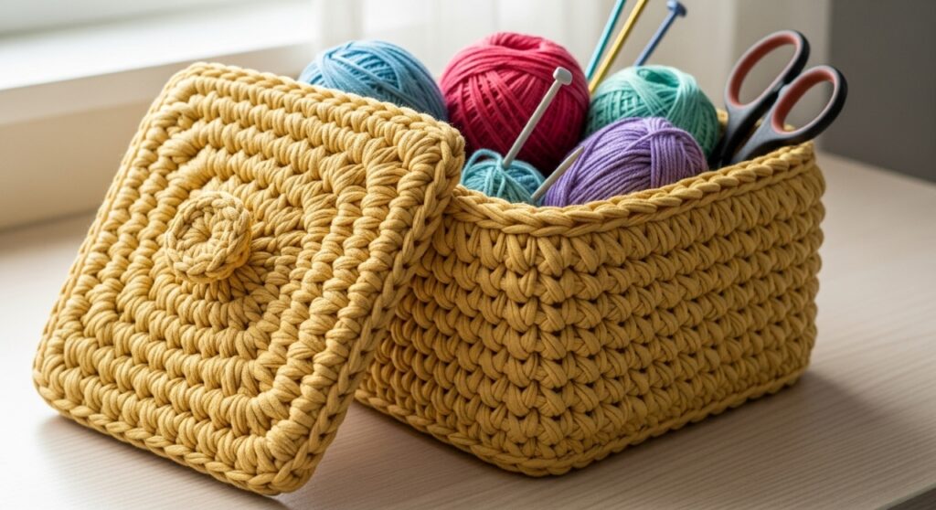 Cesto organizador quadrado em crochê com tampa removível para funcionalidade e estilo