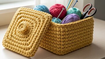 Cesto organizador quadrado em crochê com tampa removível para funcionalidade e estilo