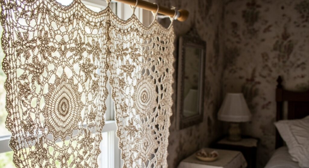Cortina de crochê para quarto que filtra a luz com charme