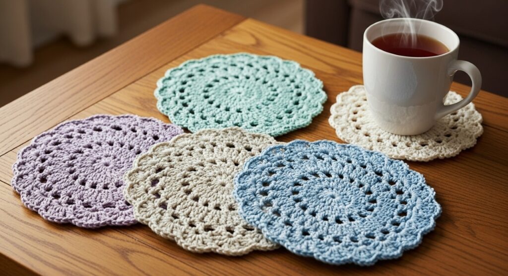 Porta-copos de crochê com sobras de fio para decorar sua mesa