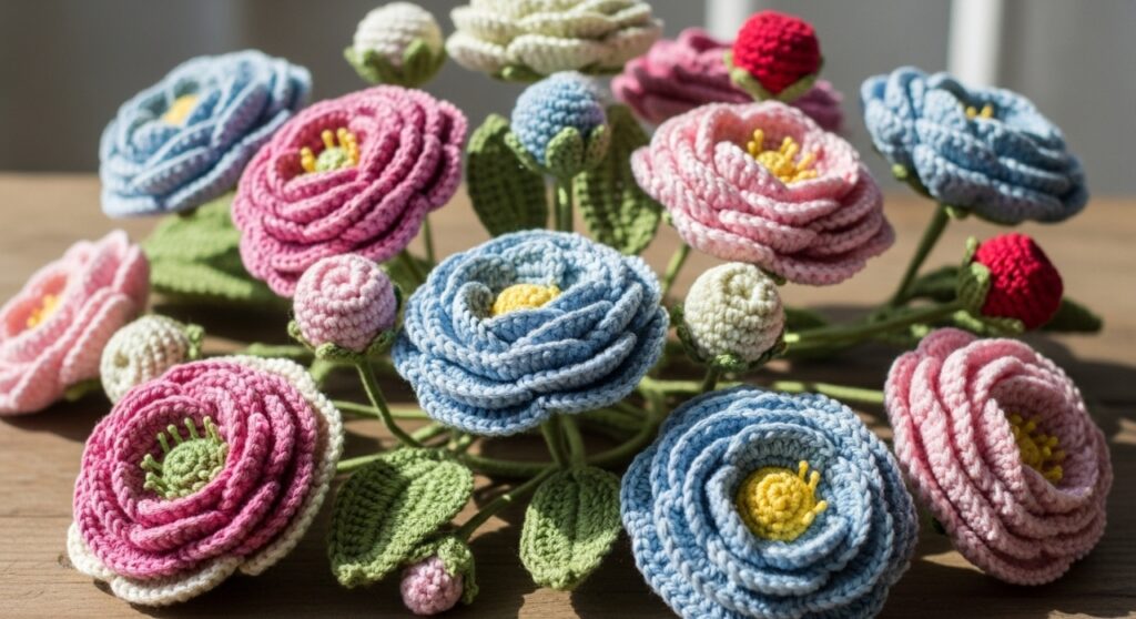 Flores de crochê em 3D para aplicar em roupas e bolsas com charme artesanal