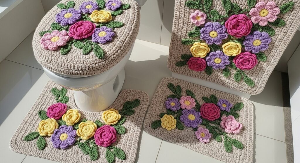 Jogo de banheiro em crochê com flores que transforma o ambiente