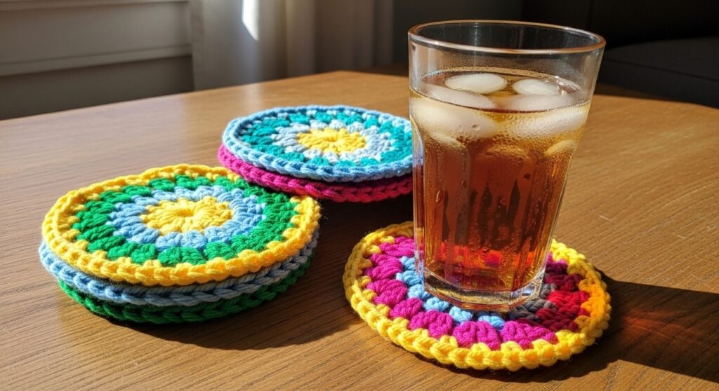 Porta-copos de crochê colorido que protege e alegra a mesa
