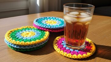 Porta-copos de crochê colorido que protege e alegra a mesa