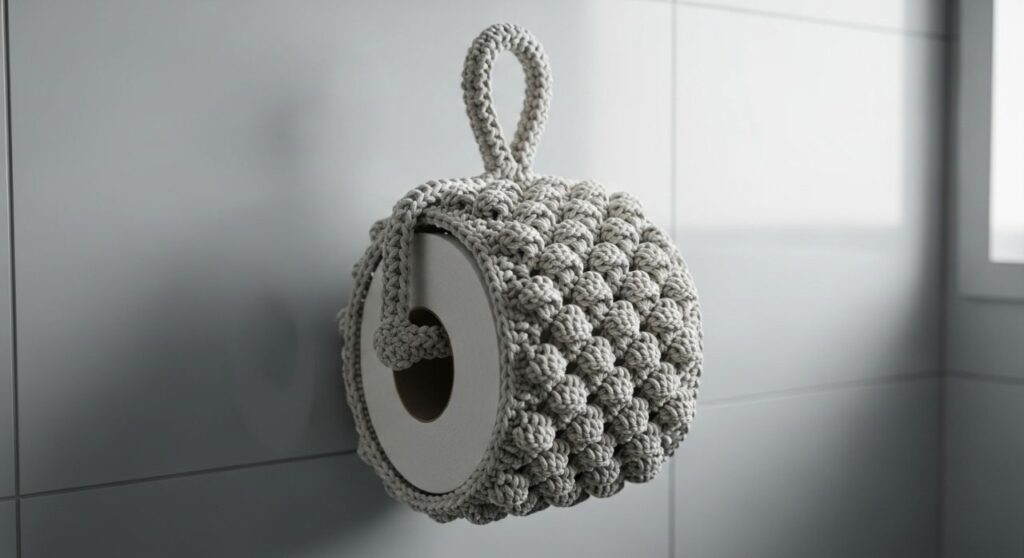 Porta-papel higiênico de crochê que organiza e decora o banheiro