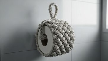 Porta-papel higiênico de crochê que organiza e decora o banheiro