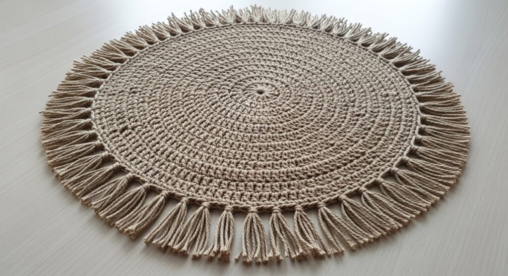 Sousplat de barbante redondo com franjas em crochê para uma mesa elegante