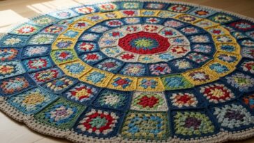 Tapete redondo em crochê com granny square gigante no centro para destacar sua decoração