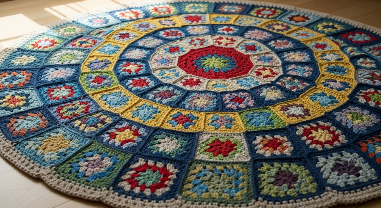 Tapete redondo em crochê com granny square gigante no centro para destacar sua decoração