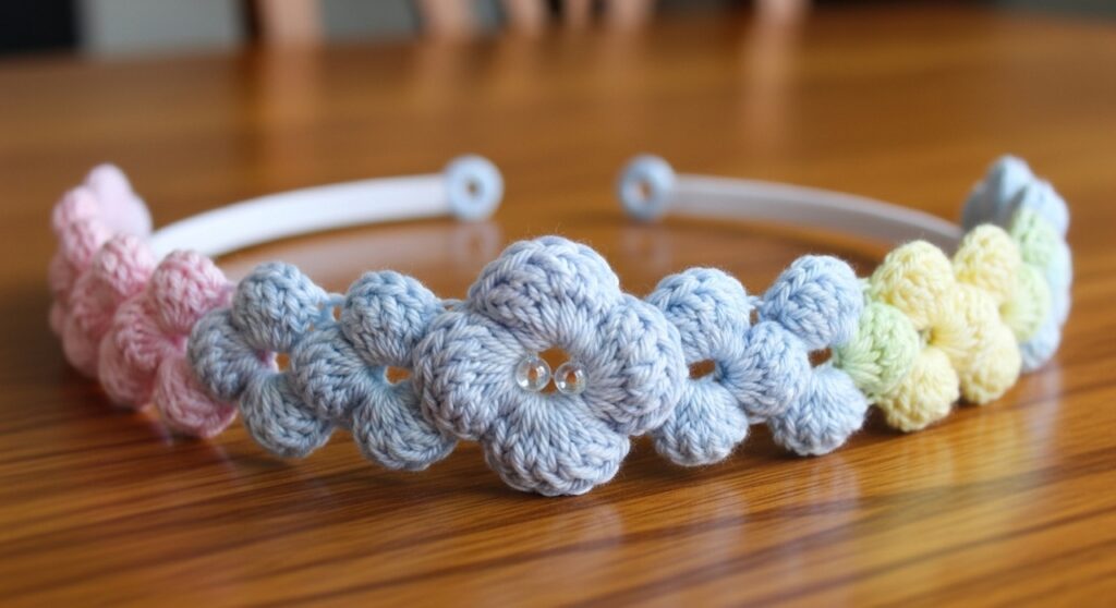 Tiara de crochê com ponto puff para um visual delicado e moderno
