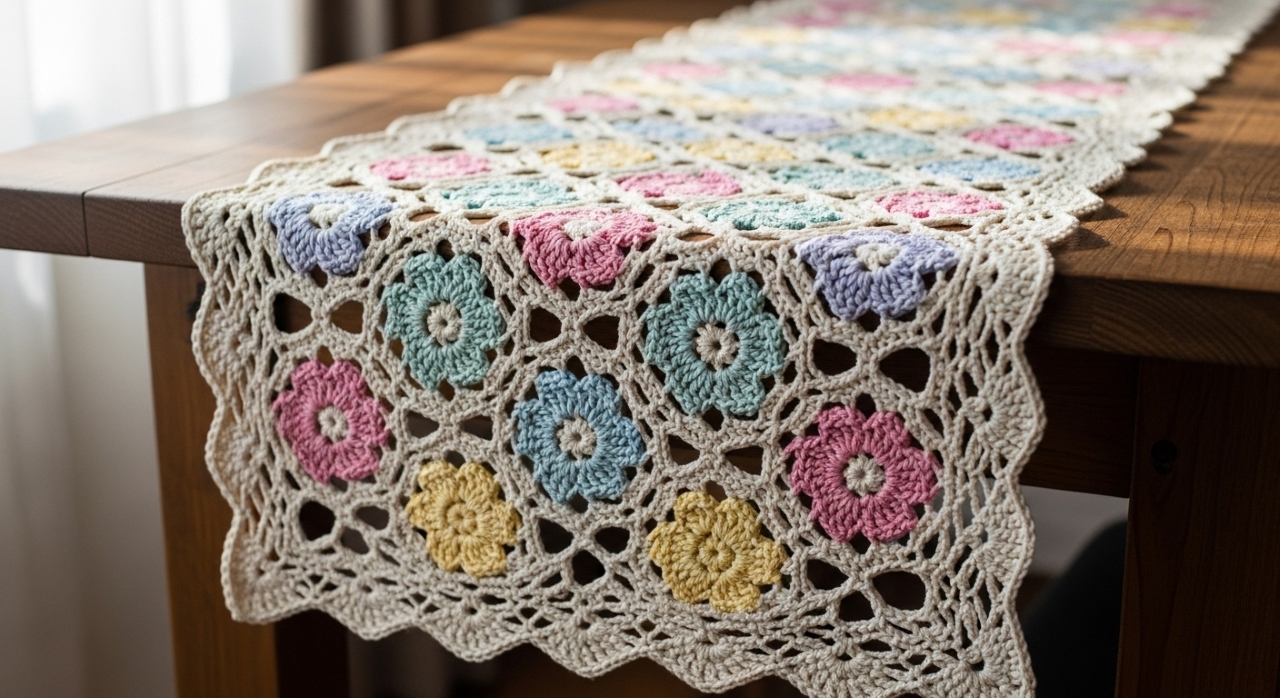 Caminho de mesa em crochê com flores para realçar a mesa