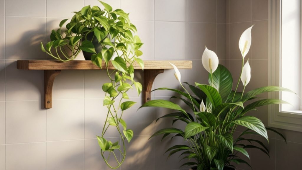 Jiboia e lírio-da-paz: dupla perfeita para banheiros com pouca luz.