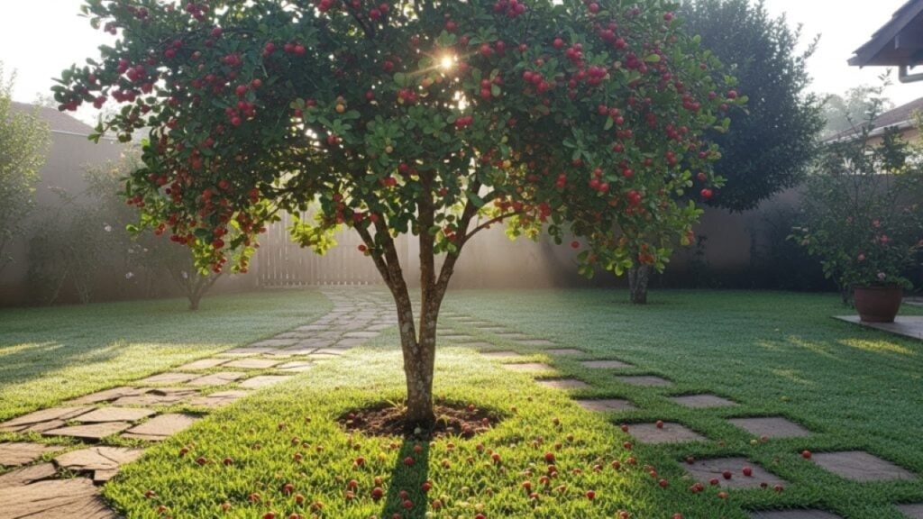 A aceroleira é uma árvore de porte controlado e copa arredondada, ideal para quintais e áreas com espaço reduzido