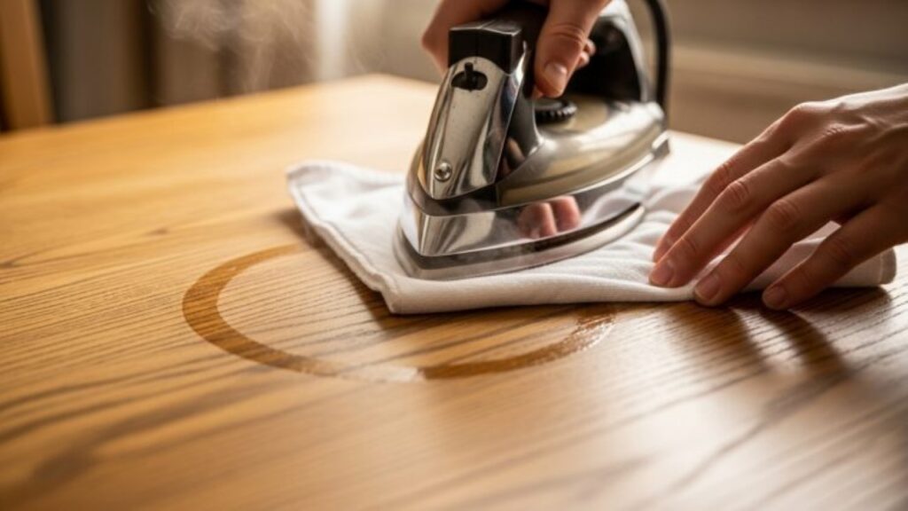 Podem ser removidas com ferro morno sobre pano seco ou com aplicação de maionese ou vaselina que devolvem oleosidade à madeira