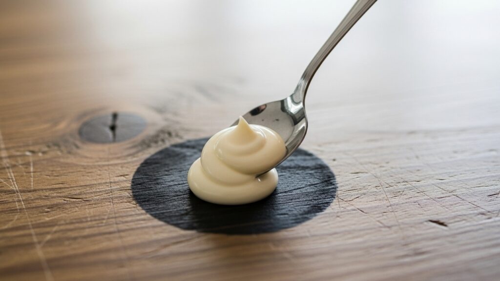 Podem ser removidas com ferro morno sobre pano seco ou com aplicação de maionese ou vaselina que devolvem oleosidade à madeira