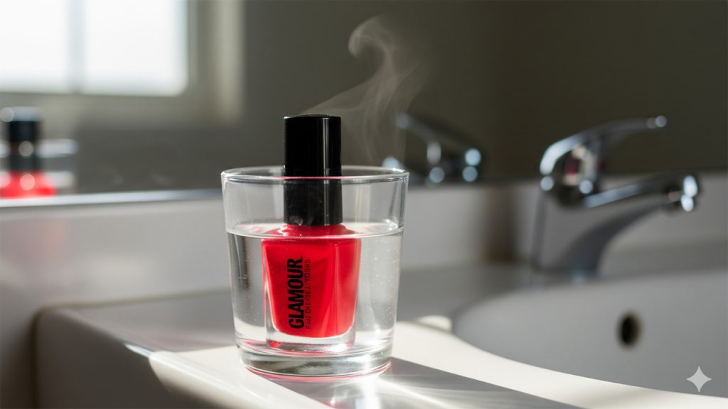 Colocar o esmalte fechado em água morna é um truque caseiro eficaz para amolecer temporariamente a fórmula endurecida.