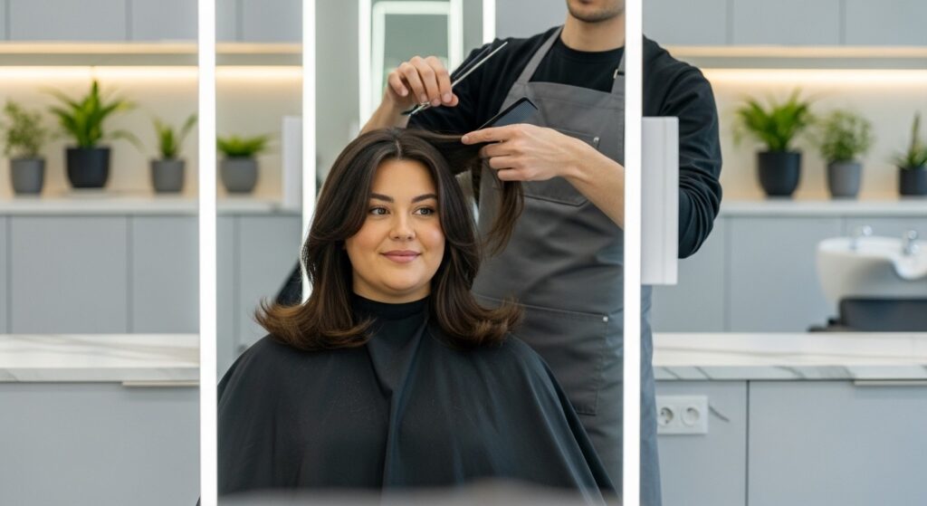 Cortes em camadas ajudam a suavizar o formato arredondado do rosto, reduzindo peso nas laterais e criando um efeito mais alongado e elegante.