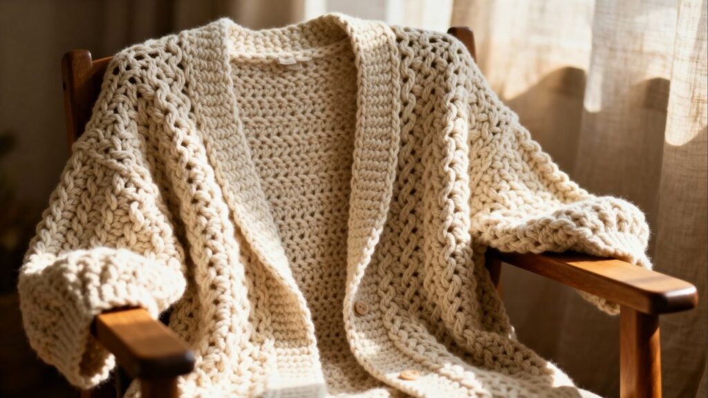 Com ponto alto e fio macio, seu cardigan oversized fica leve e bem estruturado