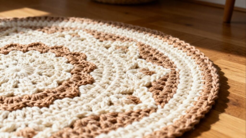 Aprender com tapetes redondos de crochê melhora tensão, aumentos e arremates