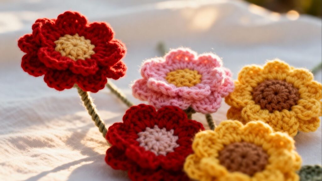 Flores em crochê com ponto alto, baixo e correntinha dão vida a peças decoradas