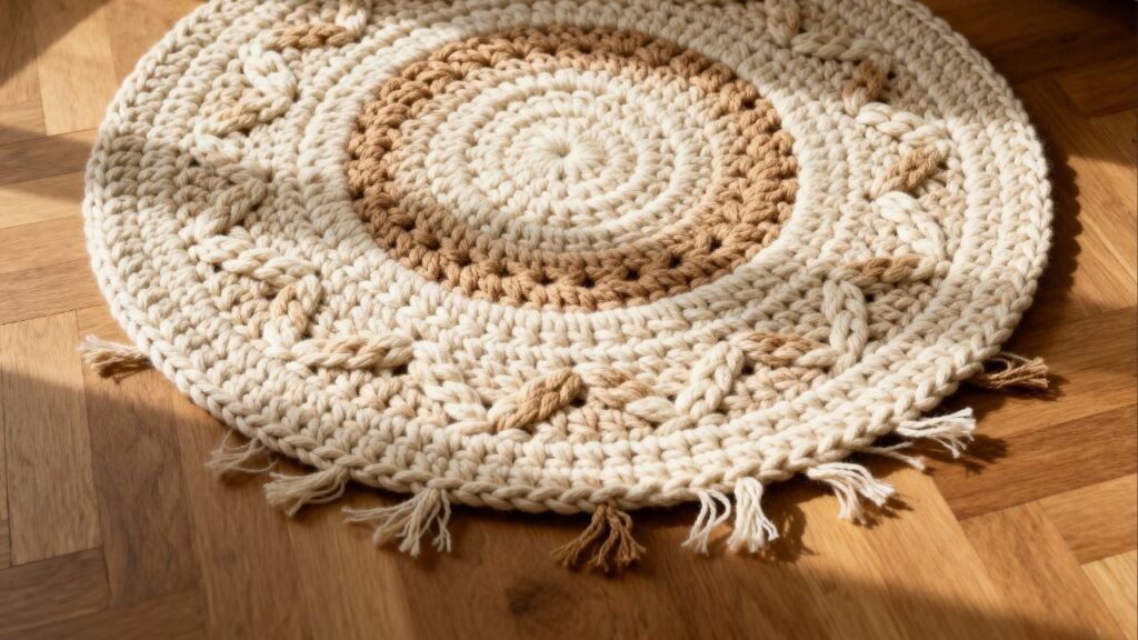 Aprender com tapetes redondos de crochê melhora tensão, aumentos e arremates