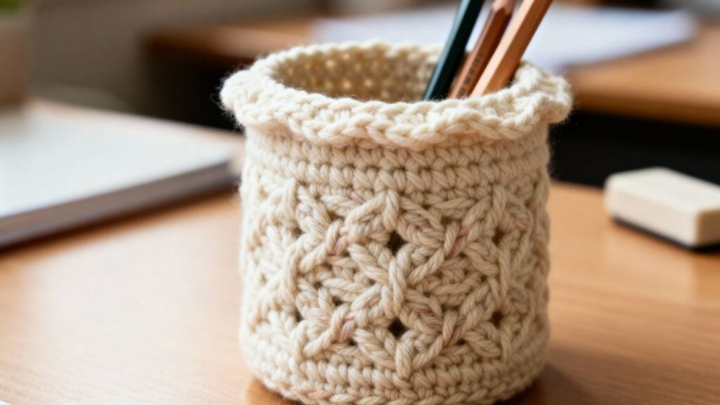 Porta-lápis de crochê é ideal para treinar pontos e organizar com estilo