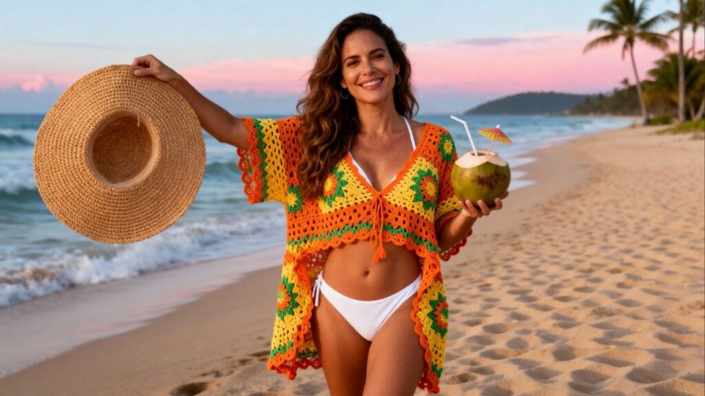 Saída de praia em crochê ganha leveza com ponto alto bem aplicado