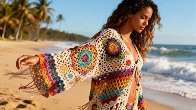 Saída de praia em crochê ganha leveza com ponto alto bem aplicado