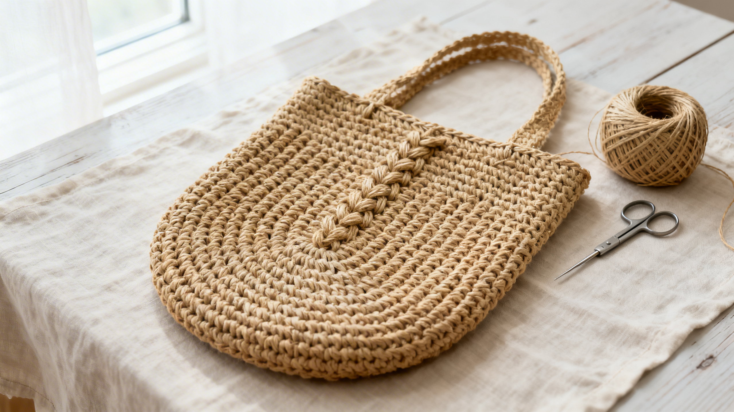 Detalhe da trama fechada e dos materiais usados na bolsa de crochê